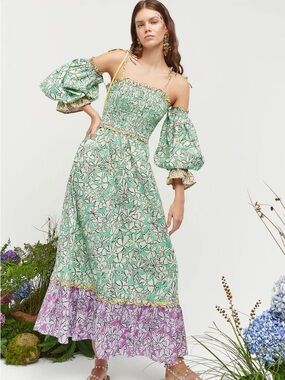CeliaB Green and Lavender Floral Off-Shoulder Maxi Dress NWT SIZE Large